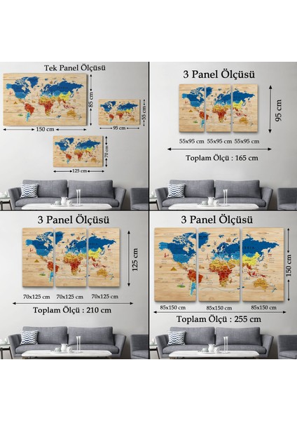 Ahşap Görünümlü Dünya Haritası Sembollü Eğitici Dekoratif Kanvas Tablo 2892