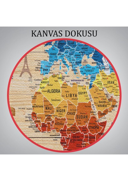 Ahşap Görünümlü Dünya Haritası Sembollü Eğitici Dekoratif Kanvas Tablo 2892