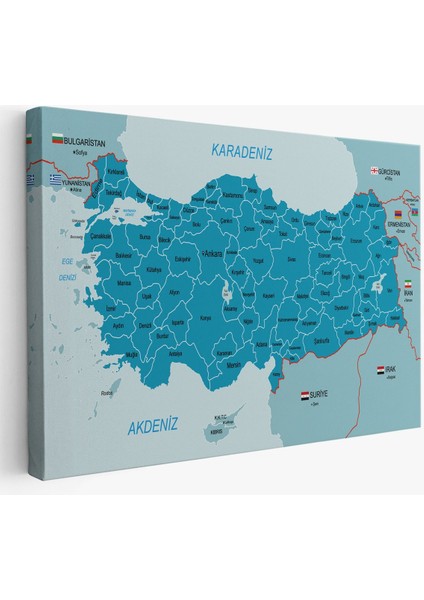 Türkiye Haritası Kanvas Tablo Sınır Komşulu Eğitici Dekoratif Tablo 3087