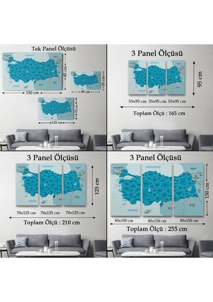 Türkiye Haritası Kanvas Tablo Sınır Komşulu Eğitici Dekoratif Tablo 3087
