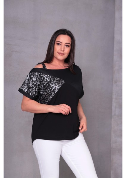 Kadın Büyük Beden Leopar Baskılı Askılı Bluz