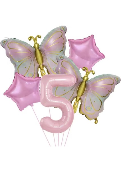 Gold Kelebekli Pembe 5 Yaş Rakam Balon Set