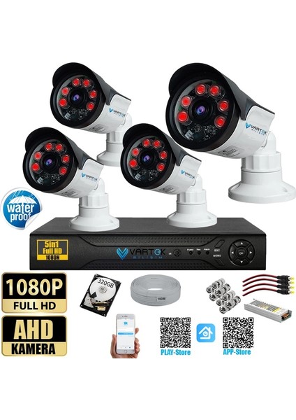 4 Kameralı Set 320 GB HDD Full Hd Gece Görüşlü Güvenlik Kamerası Sistemi-Sabit Ip Gerektirmez-