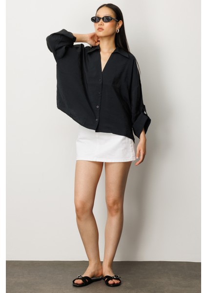 Kadın Losse Fit Apaş Yaka Düz Uzun Kollu Gömlek fiyatları