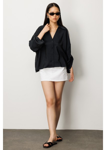 Kadın Losse Fit Apaş Yaka Düz Uzun Kollu Gömlek fırsatları