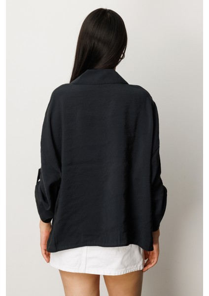 Kadın Losse Fit Apaş Yaka Düz Uzun Kollu Gömlek indirimleri