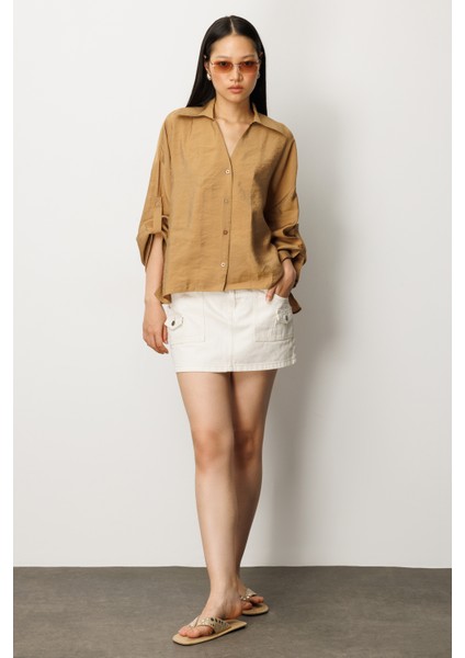 Kadın Losse Fit Apaş Yaka Düz Uzun Kollu Gömlek fiyatları