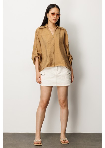 Kadın Losse Fit Apaş Yaka Düz Uzun Kollu Gömlek modelleri