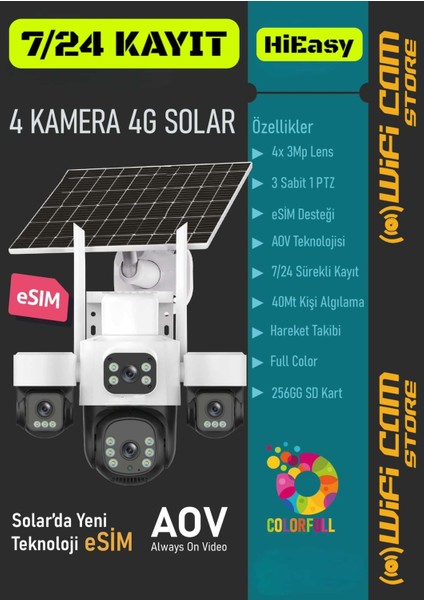 4 Kameralı Çift Panelli 4g Solar Kamera Aov 7/24 Kayıt