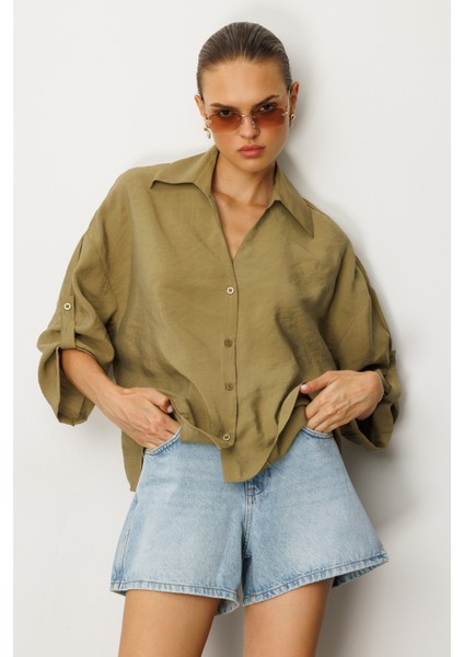 Kadın Losse Fit Apaş Yaka Düz Uzun Kollu Gömlek modelleri