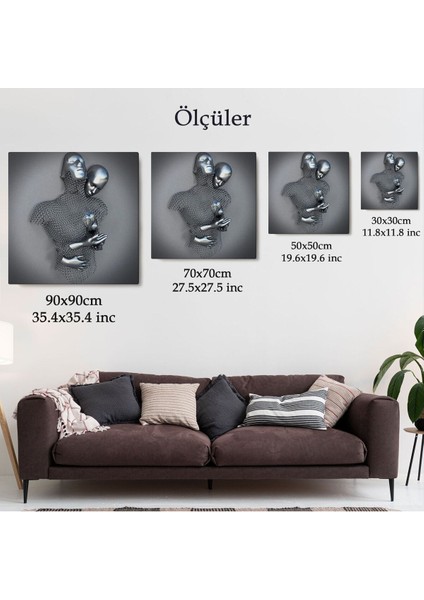 Gri ve Gümüş 3D Metalik Efektli Kanvas Tablo, Romantik Beden Aşk SANATI-5355
