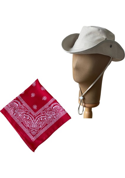 Yazlık Katlanabilir Safari Fötr Kovboy Şapkası Pamuk Bandana Kombinli