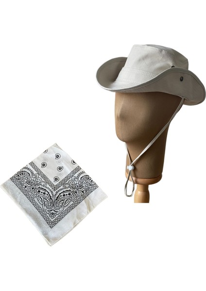 Yazlık Katlanabilir Safari Fötr Kovboy Şapkası Pamuk Bandana Kombinli