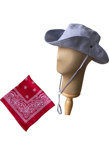 Yazlık Katlanabilir Safari Fötr Kovboy Şapkası Pamuk Bandana Kombinli