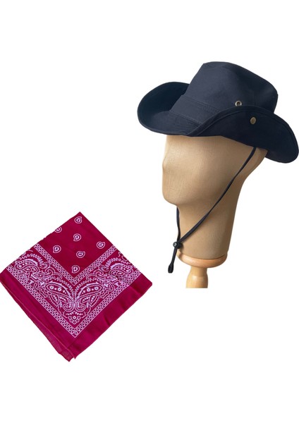 Yazlık Katlanabilir Safari Fötr Kovboy Şapkası Pamuk Bandana Kombinli