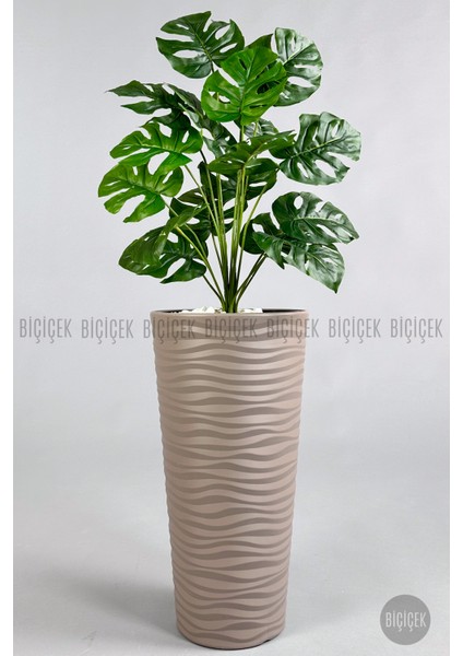 Yapay Çiçek Salon Bitkisi Monstera Deve Tabanı Bej Renk Kumsal Saksıda