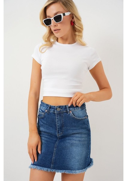 Püsküllü Mini Kot Etek 8051 - Lacivert