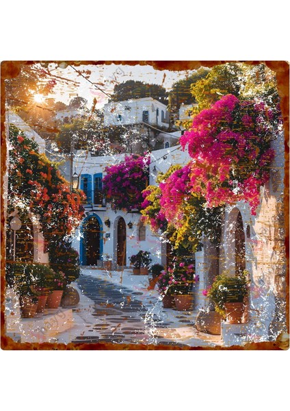 Begonvillerle Süslenmiş Akdeniz Sokağı – Pas Görünümlü Retro Metal Duvar Tabelası