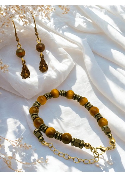 Kaplan Gözü Doğal Taş Takı Seti – Ayarlanabilir Bileklik ve Sallantılı Küpe – Enerji Taşı – Kadın Bijuteri Hediyelik Takı 2’li Set