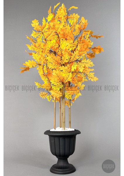 Yapay Bambu Gövdeli Sonbahar Çınar Ağacı 170CM 5 Bambulu Antrasit Renk Nergis Saksıda Yapay Ağaç