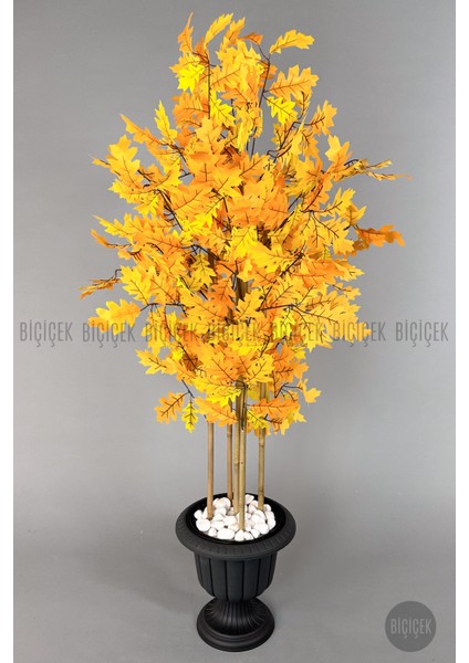 Yapay Bambu Gövdeli Sonbahar Çınar Ağacı 170CM 5 Bambulu Antrasit Renk Nergis Saksıda Yapay Ağaç