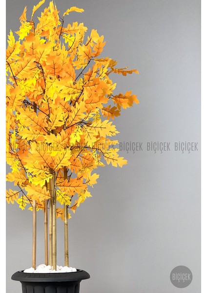 Yapay Bambu Gövdeli Sonbahar Çınar Ağacı 170CM 5 Bambulu Antrasit Renk Nergis Saksıda Yapay Ağaç