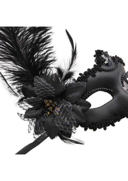 Siyah Mat Renk Yandan Tüylü Güllü Parti Balo Venedik Maskesi modelleri
