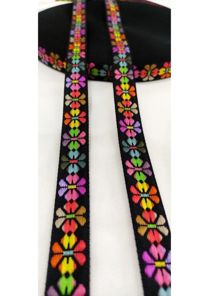 Renkli Çiçek Desen Dar Dokuma Şerit