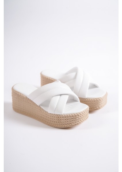 Melena Yüksek/kalın Ortopedik Taban Dolgu Topuklu Kadın Günlük Terlik Kt Beyaz