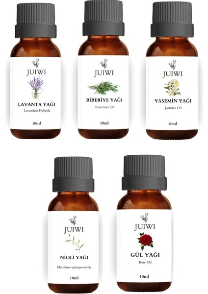5li Bitkisel Set Uçucu Koku Yağı Difüzör Esansı Buhurdanlık Yağı Gül Lavanta Yasemin Niaouli Biberiye 5X10ML
