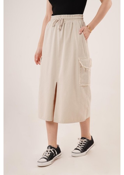 Ön Yırtmaçlı Cep Detaylı Krem Etek