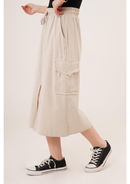 Ön Yırtmaçlı Cep Detaylı Krem Etek modelleri