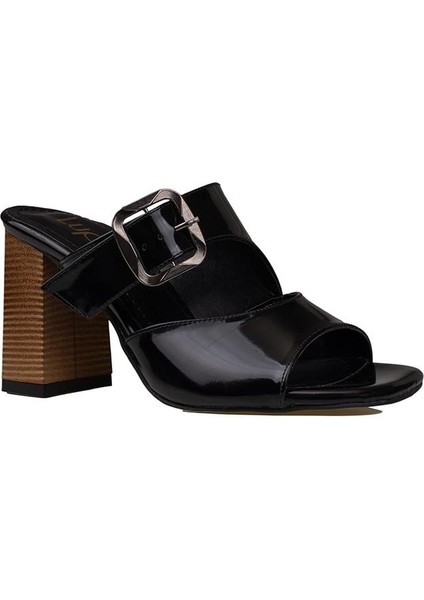 Siyah Rugan Kemerli Kadın Topuklu Terlik