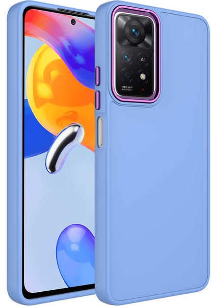 Xiaomi Redmi Note 11 Global Kılıf Metal Çerçeve ve Buton Tasarımlı Silikon Xemu Luna Kapak-Lila