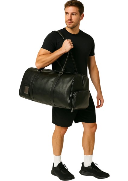 Spor Çantası Ayakkabı Bölmeli Seyahat Deri Siyah