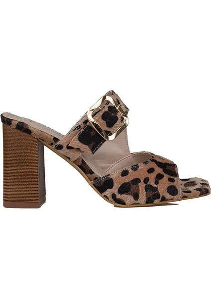 Krem Leopar Süet Desenli Kadın Topuklu Terlik