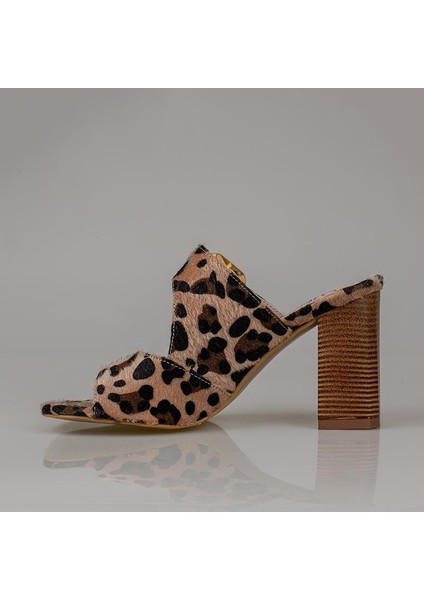 Krem Leopar Süet Desenli Kadın Topuklu Terlik modelleri