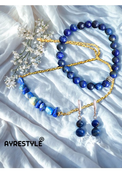 Lapis Lazuli Doğal Taş Takı Seti – Kolye, Bileklik, Küpe 3’lü Set – Bilgelik Taşı – Kadın Bijuteri Hediye Takı