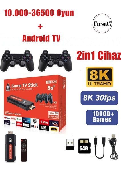 36500 Oyunlu Atari 5g 8k Hdr Ultra Hd 64 GB Tv Box + Game Box Android Tv + Oyun Konsolu 2 In1 Cihaz