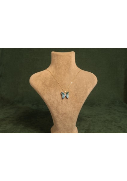 Altın Renkli Mavi Kelebekli Çelik Kolye