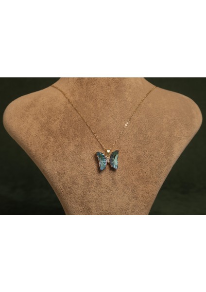 Altın Renkli Mavi Kelebekli Çelik Kolye fiyatları
