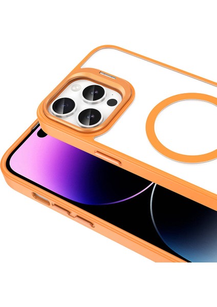 Apple iPhone 14 Pro Max Kılıf Magsafe Şarj Özellikli Standlı Xemu Magsafe Klon Lensli Kapak-Turuncu modelleri