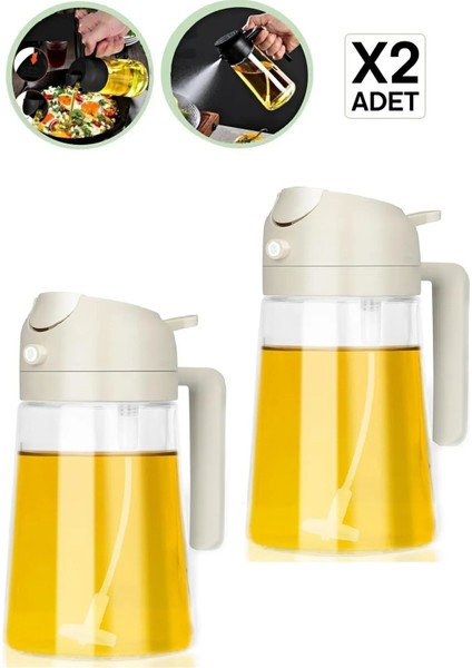 2 Adet Çift Fonksiyonlu Cam Yağdanlık Zeytinyağı Sıvıyağ Şişe Sprey Airfryer Yağlık Sirkelik - Krem