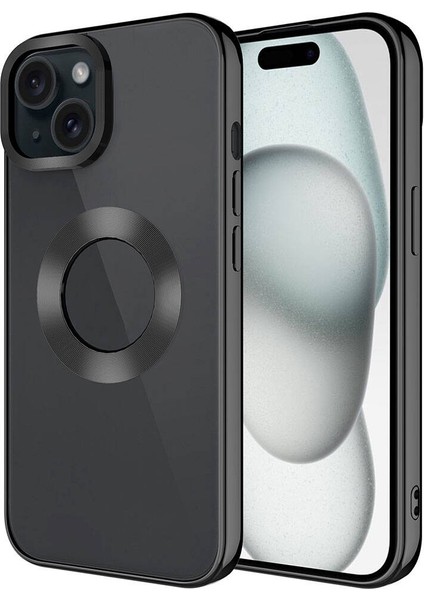 Apple iPhone 15 Plus Kılıf Tek Kamera Çerçeveli Logo Gösteren Xemu Omega Kapak-Siyah