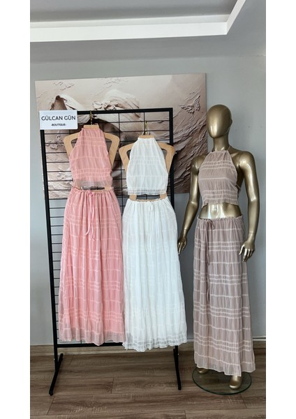 Bej Sırtı Dekolteli Etekli - Büstiyer Takım