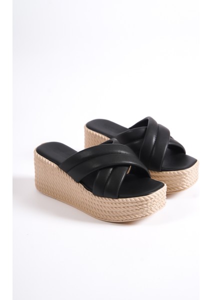 Melena Yüksek/kalın Ortopedik Taban Dolgu Topuklu Kadın Günlük Terlik Kt Siyah