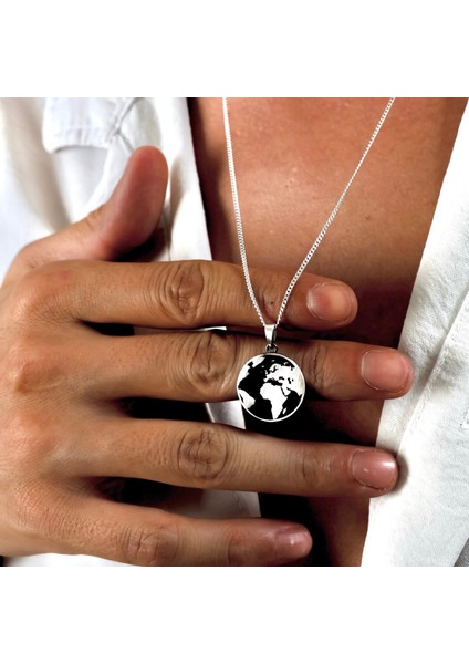 Gümüş Dünya Kolye 925 Ayar Gümüş Mat Dünya Figürlü Unisex Kolye Harita Kolye