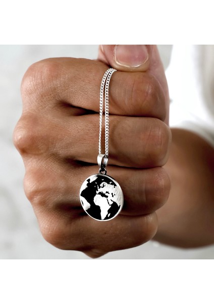 Gümüş Dünya Kolye 925 Ayar Gümüş Mat Dünya Figürlü Unisex Kolye Harita Kolye modelleri