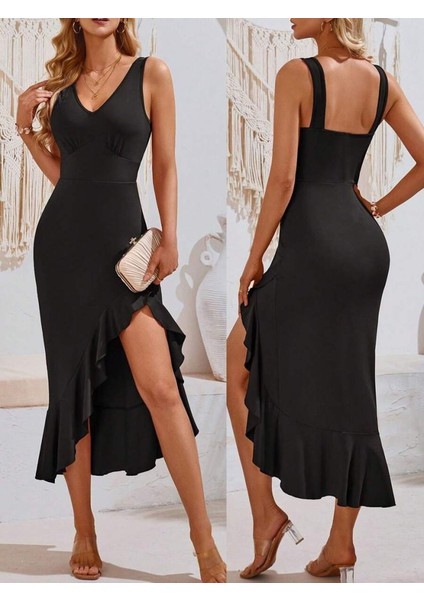 Kadın Askılı V Yakalı Önden Fırfırlı Uzun Dalgıç Elbise