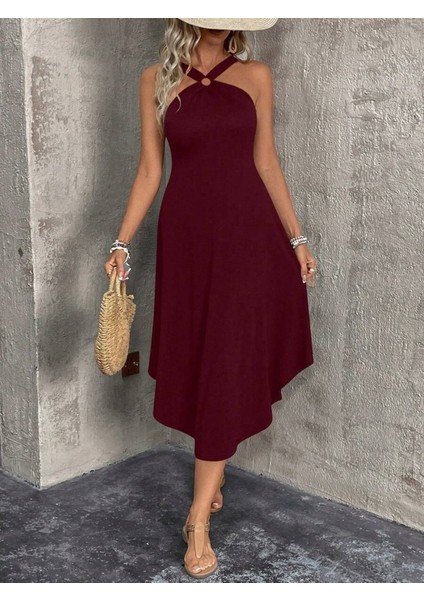 Kadın Boyundan Çapraz Askılı Halka Detaylı Asimetrik Kesim Viskon Elbise fiyatları